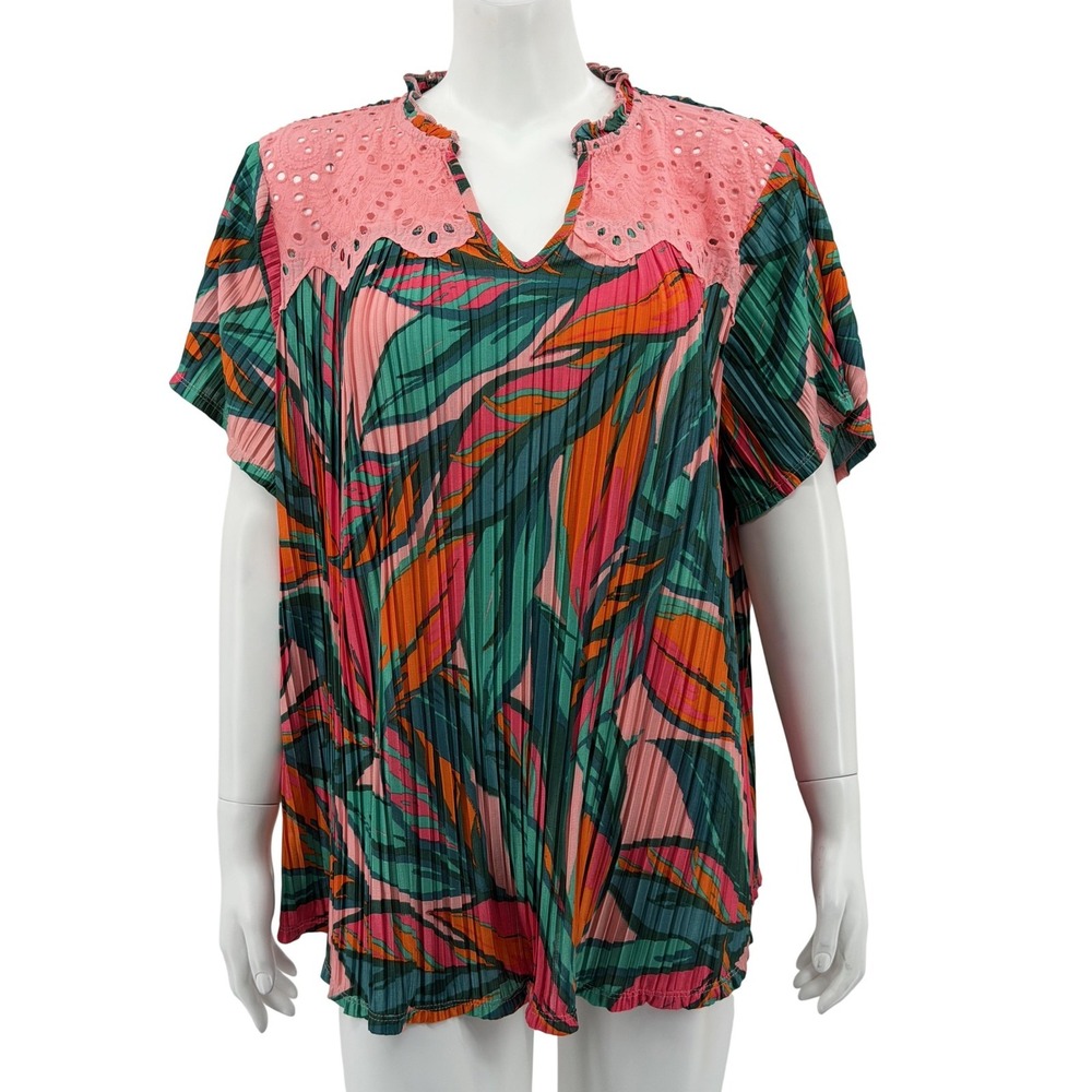 Rio & Rian Top Womens 2X Coral Green Floral Pleated Eyelet Boho Tropical Stretch